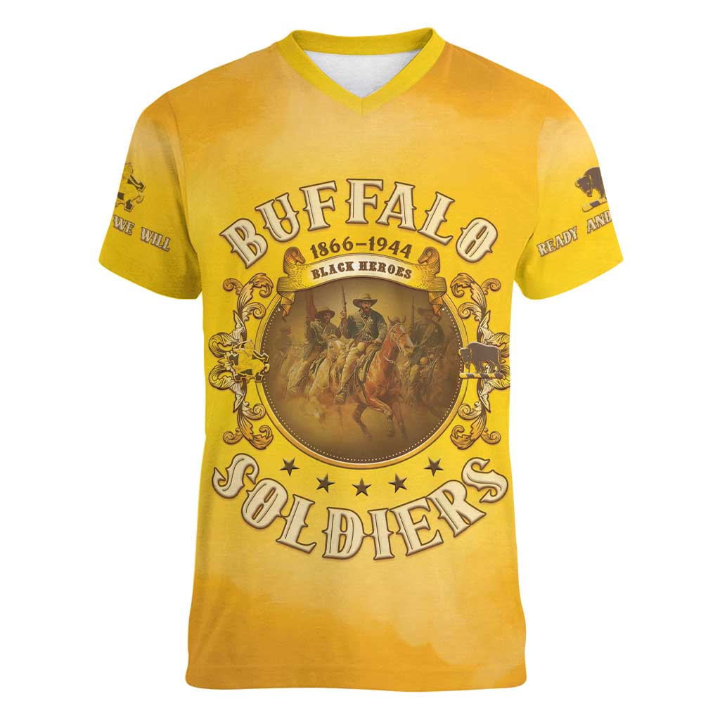 Honor Buffalo Soldiers Women V-Neck T-Shirt African American Cavalry Yellow Version - Wonder Print Shop