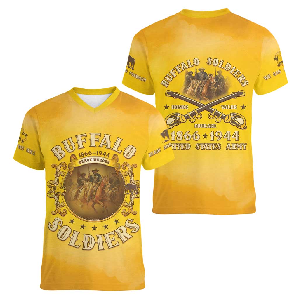 Honor Buffalo Soldiers Women V-Neck T-Shirt African American Cavalry Yellow Version - Wonder Print Shop