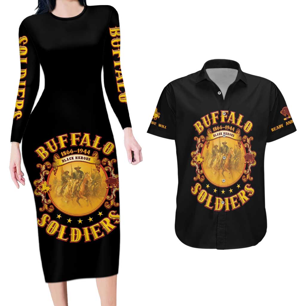 Honor Buffalo Soldiers Couples Matching Long Sleeve Bodycon Dress and Hawaiian Shirt African American Cavalry Black Version - Wonder Print Shop