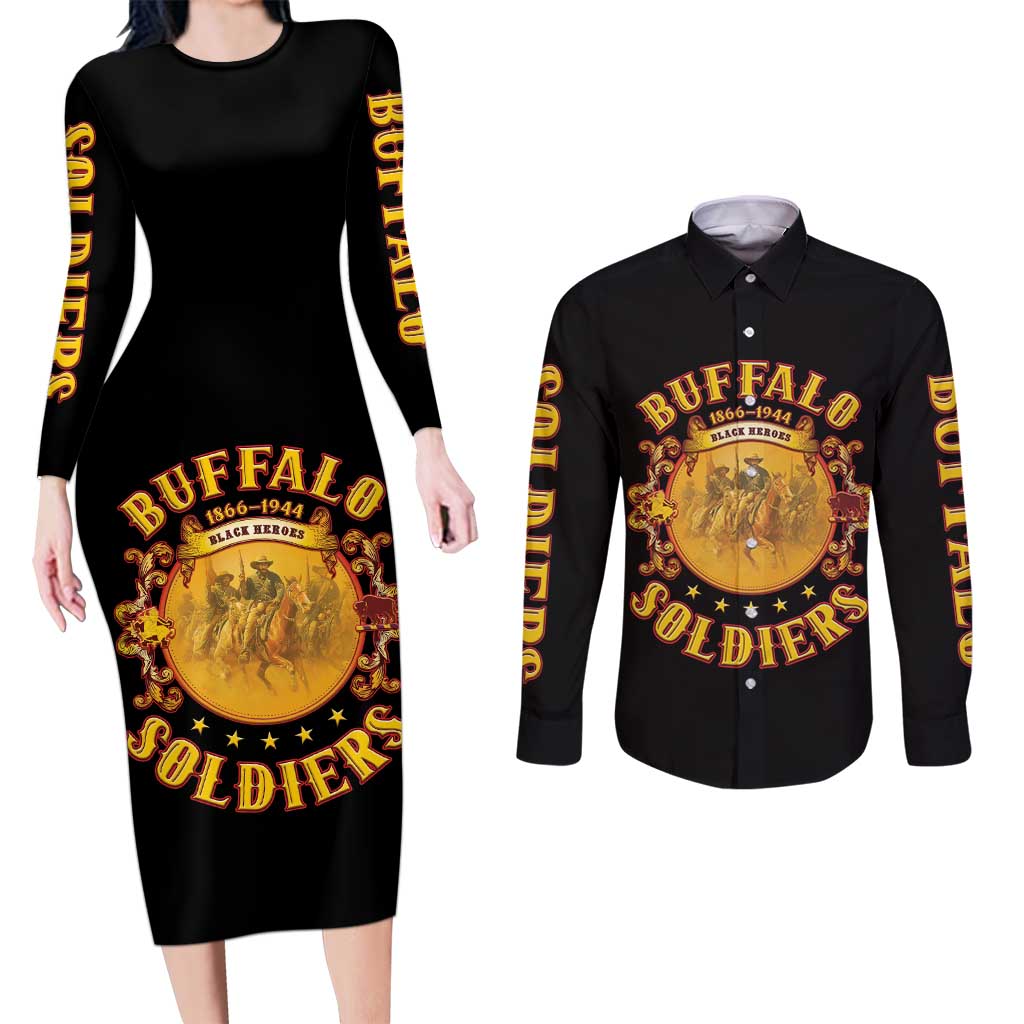 Honor Buffalo Soldiers Couples Matching Long Sleeve Bodycon Dress and Long Sleeve Button Shirt African American Cavalry Black Version - Wonder Print Shop