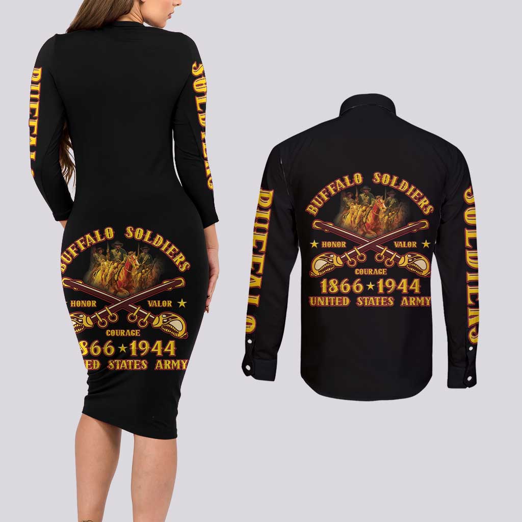 Honor Buffalo Soldiers Couples Matching Long Sleeve Bodycon Dress and Long Sleeve Button Shirt African American Cavalry Black Version - Wonder Print Shop
