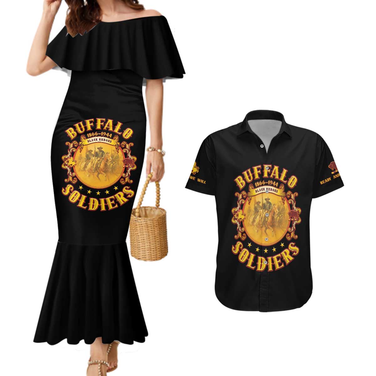 Honor Buffalo Soldiers Couples Matching Mermaid Dress and Hawaiian Shirt African American Cavalry Black Version - Wonder Print Shop