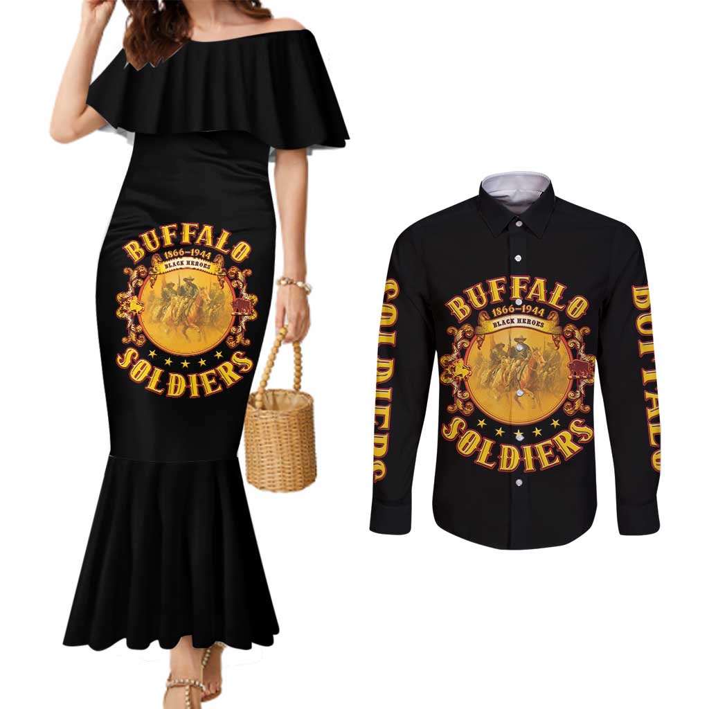 Honor Buffalo Soldiers Couples Matching Mermaid Dress and Long Sleeve Button Shirt African American Cavalry Black Version - Wonder Print Shop