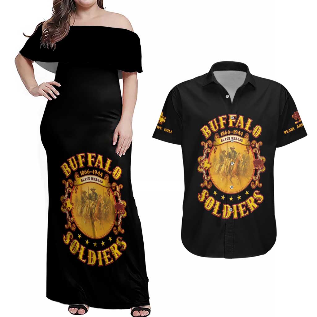 Honor Buffalo Soldiers Couples Matching Off Shoulder Maxi Dress and Hawaiian Shirt African American Cavalry Black Version - Wonder Print Shop