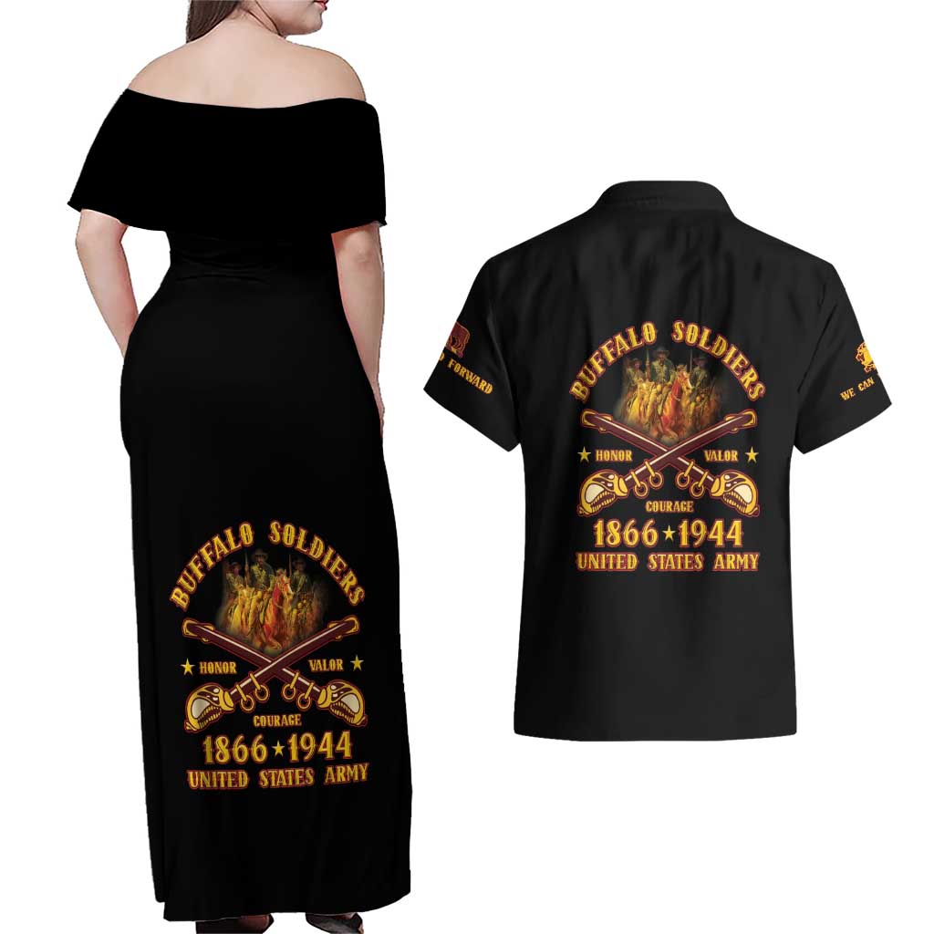Honor Buffalo Soldiers Couples Matching Off Shoulder Maxi Dress and Hawaiian Shirt African American Cavalry Black Version - Wonder Print Shop