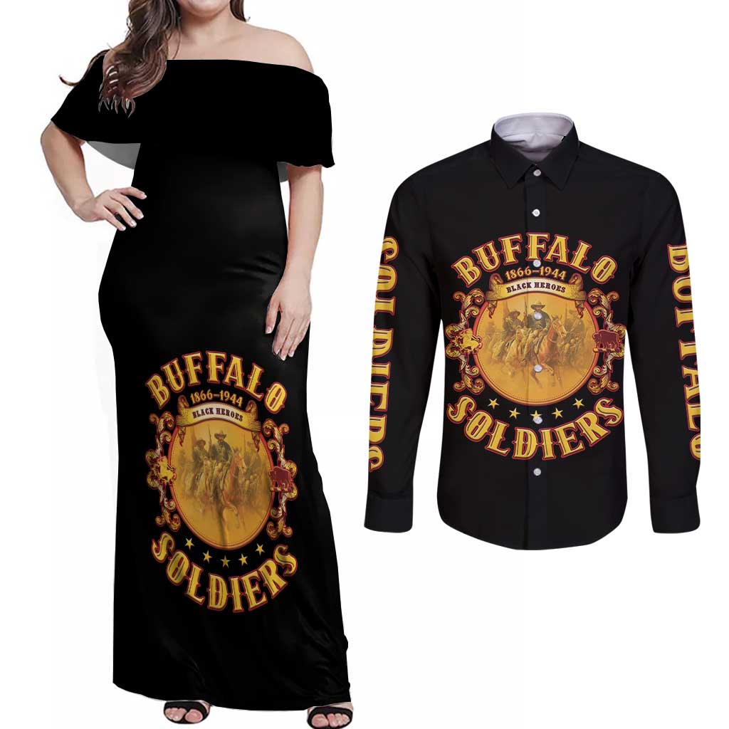 Honor Buffalo Soldiers Couples Matching Off Shoulder Maxi Dress and Long Sleeve Button Shirt African American Cavalry Black Version - Wonder Print Shop