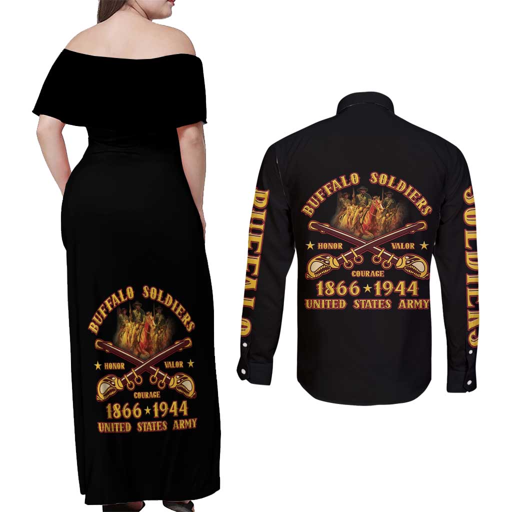 Honor Buffalo Soldiers Couples Matching Off Shoulder Maxi Dress and Long Sleeve Button Shirt African American Cavalry Black Version - Wonder Print Shop