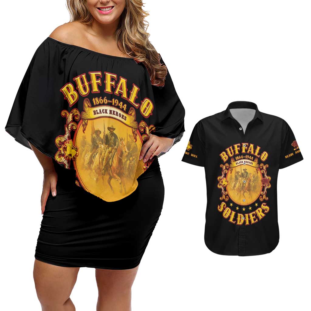 Honor Buffalo Soldiers Couples Matching Off Shoulder Short Dress and Hawaiian Shirt African American Cavalry Black Version - Wonder Print Shop