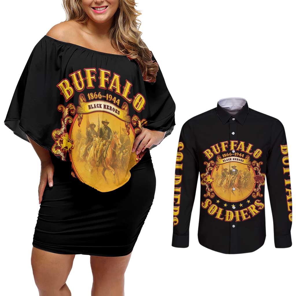 Honor Buffalo Soldiers Couples Matching Off Shoulder Short Dress and Long Sleeve Button Shirt African American Cavalry Black Version - Wonder Print Shop