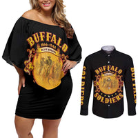 Honor Buffalo Soldiers Couples Matching Off Shoulder Short Dress and Long Sleeve Button Shirt African American Cavalry Black Version - Wonder Print Shop