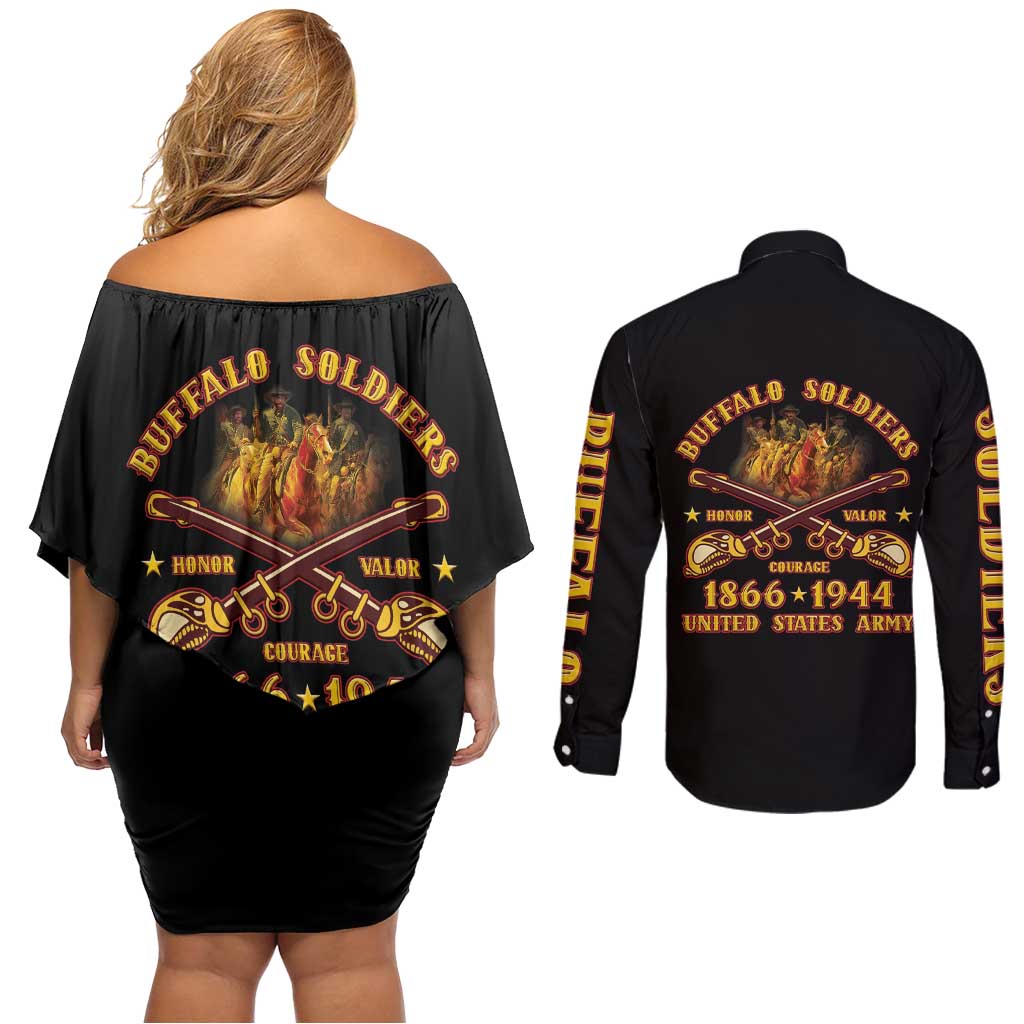 Honor Buffalo Soldiers Couples Matching Off Shoulder Short Dress and Long Sleeve Button Shirt African American Cavalry Black Version - Wonder Print Shop