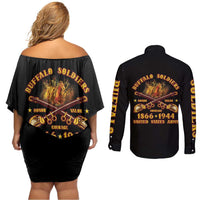 Honor Buffalo Soldiers Couples Matching Off Shoulder Short Dress and Long Sleeve Button Shirt African American Cavalry Black Version - Wonder Print Shop