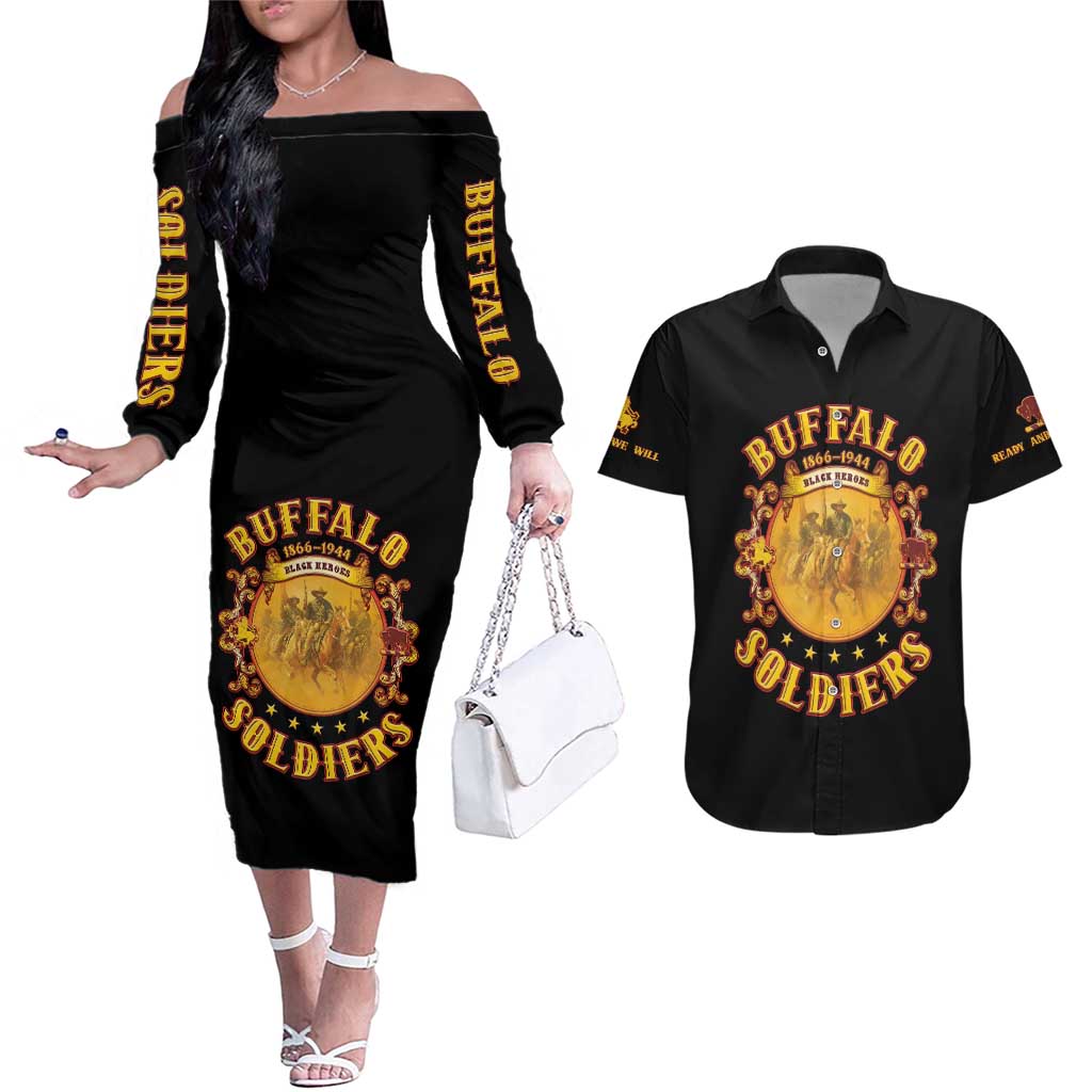 Honor Buffalo Soldiers Couples Matching Off The Shoulder Long Sleeve Dress and Hawaiian Shirt African American Cavalry Black Version - Wonder Print Shop