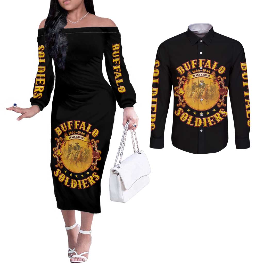 Honor Buffalo Soldiers Couples Matching Off The Shoulder Long Sleeve Dress and Long Sleeve Button Shirt African American Cavalry Black Version - Wonder Print Shop