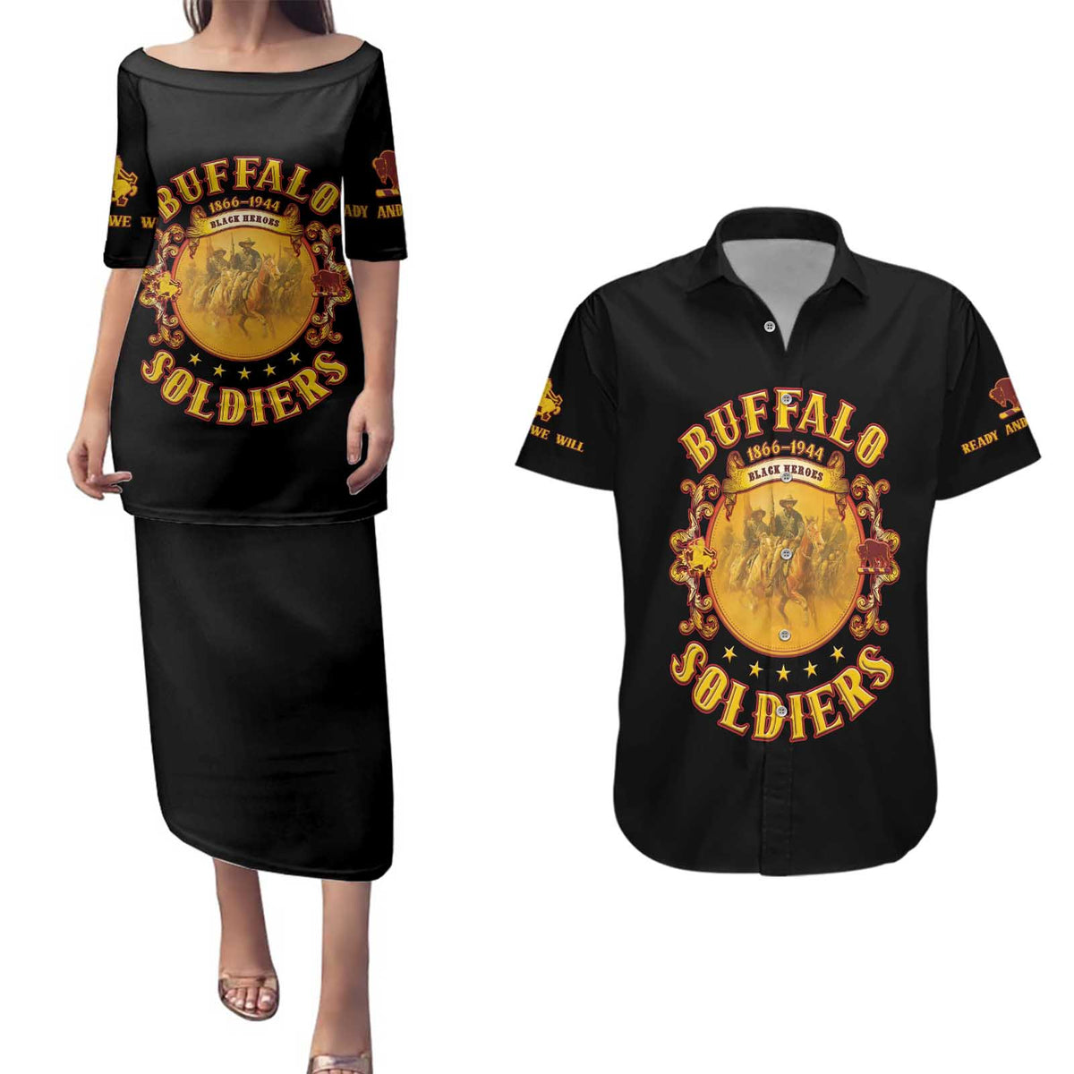 Honor Buffalo Soldiers Couples Matching Puletasi and Hawaiian Shirt African American Cavalry Black Version - Wonder Print Shop