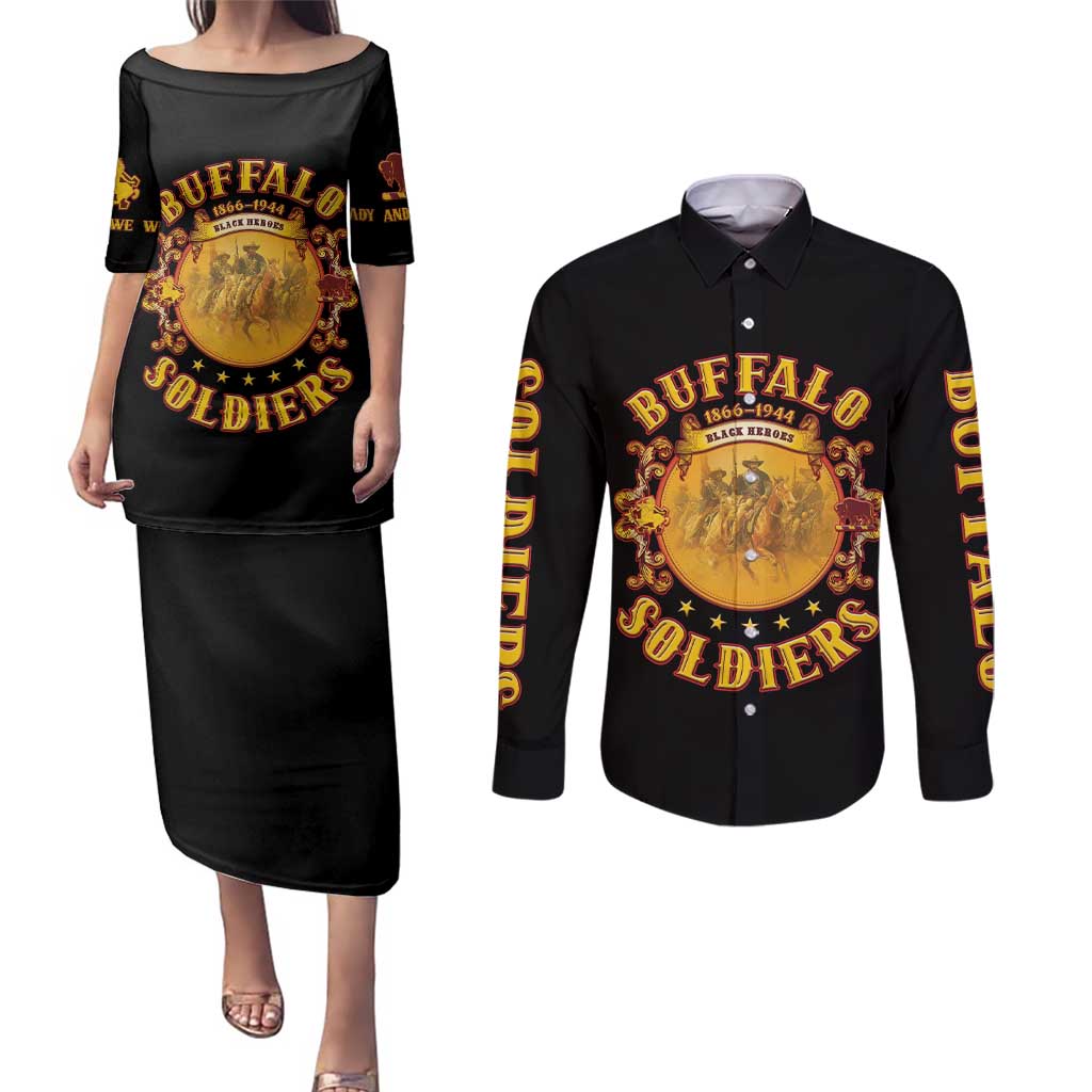 Honor Buffalo Soldiers Couples Matching Puletasi and Long Sleeve Button Shirt African American Cavalry Black Version - Wonder Print Shop