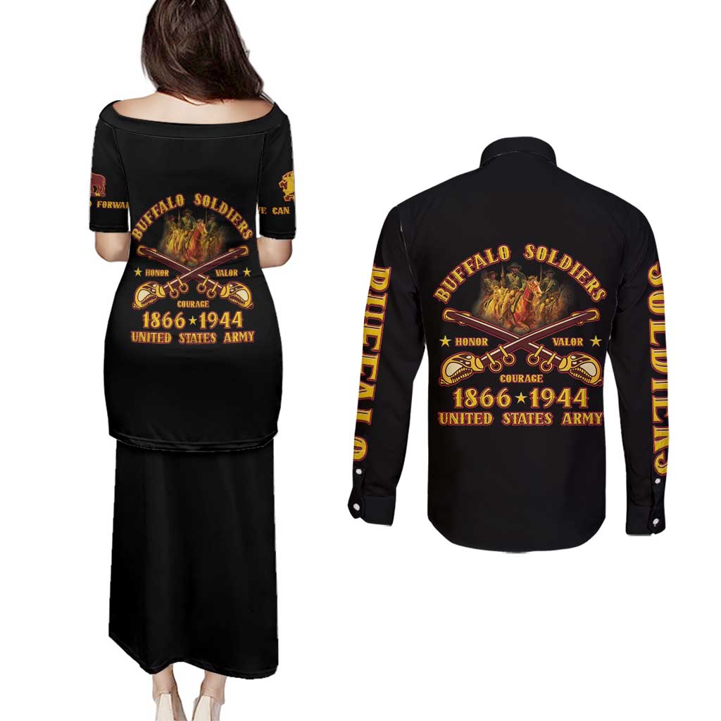 Honor Buffalo Soldiers Couples Matching Puletasi and Long Sleeve Button Shirt African American Cavalry Black Version - Wonder Print Shop