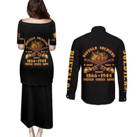 Honor Buffalo Soldiers Couples Matching Puletasi and Long Sleeve Button Shirt African American Cavalry Black Version - Wonder Print Shop