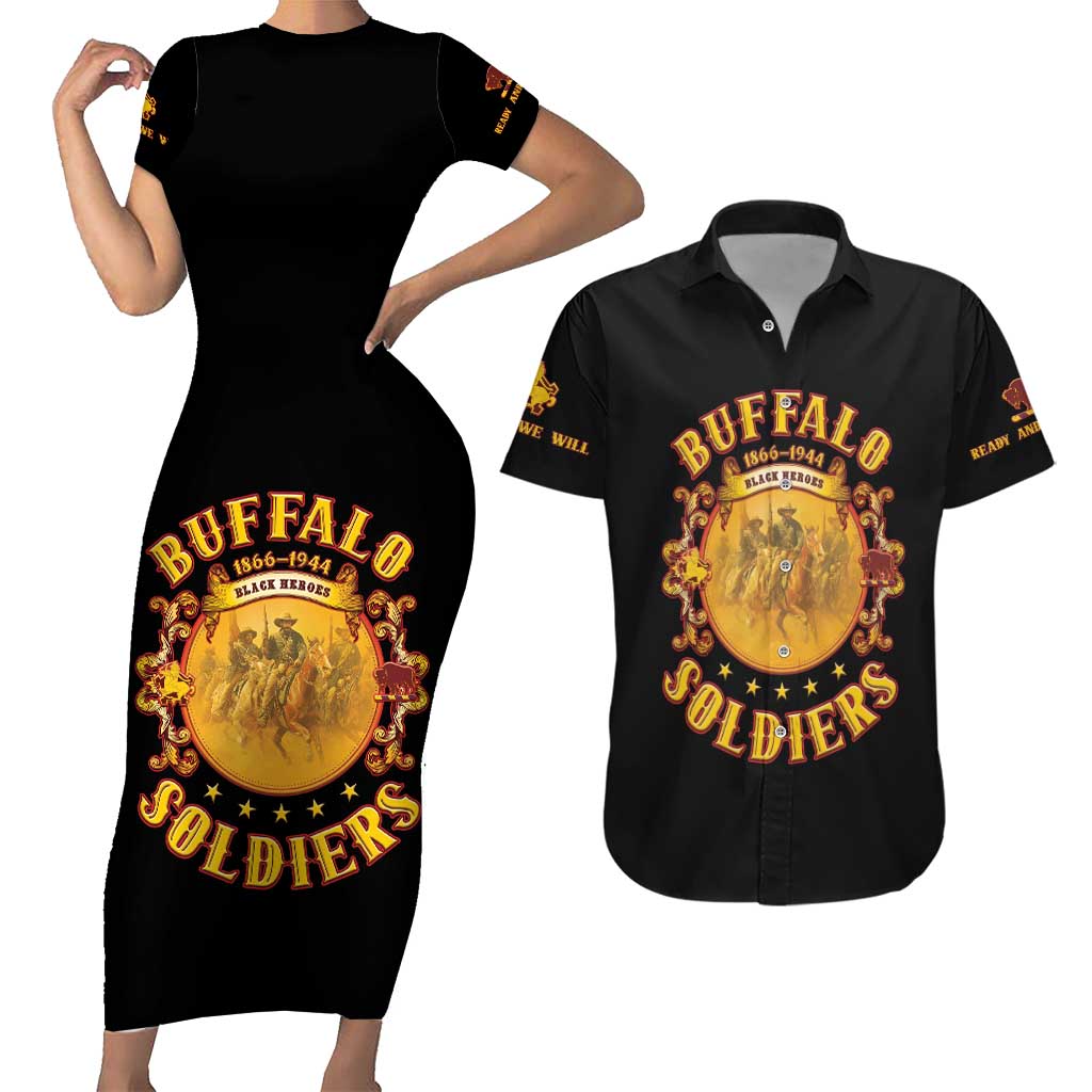 Honor Buffalo Soldiers Couples Matching Short Sleeve Bodycon Dress and Hawaiian Shirt African American Cavalry Black Version - Wonder Print Shop