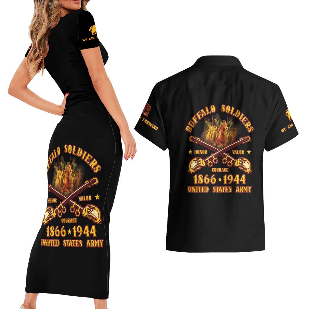Honor Buffalo Soldiers Couples Matching Short Sleeve Bodycon Dress and Hawaiian Shirt African American Cavalry Black Version - Wonder Print Shop