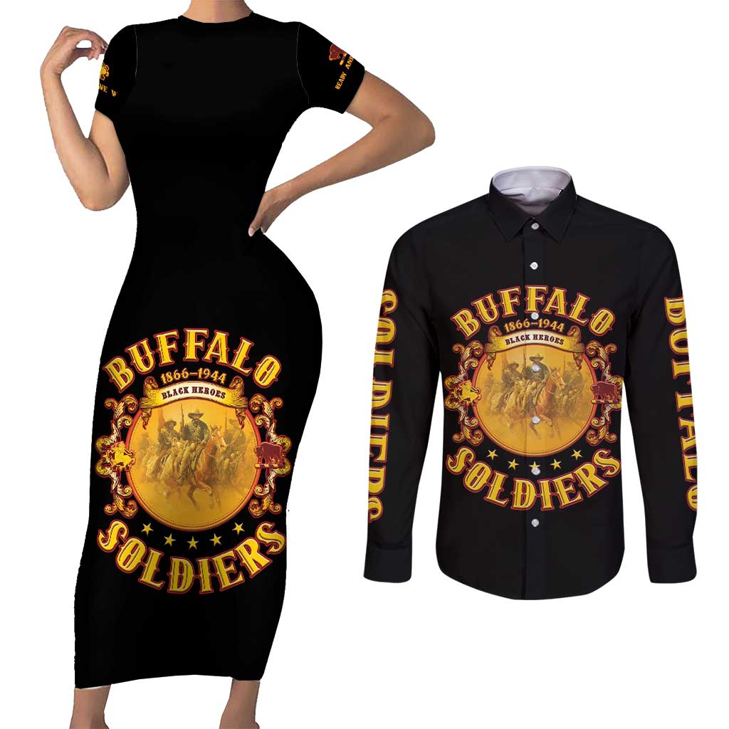 Honor Buffalo Soldiers Couples Matching Short Sleeve Bodycon Dress and Long Sleeve Button Shirt African American Cavalry Black Version - Wonder Print Shop