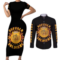 Honor Buffalo Soldiers Couples Matching Short Sleeve Bodycon Dress and Long Sleeve Button Shirt African American Cavalry Black Version - Wonder Print Shop