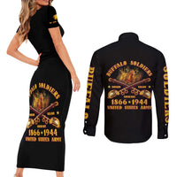 Honor Buffalo Soldiers Couples Matching Short Sleeve Bodycon Dress and Long Sleeve Button Shirt African American Cavalry Black Version - Wonder Print Shop