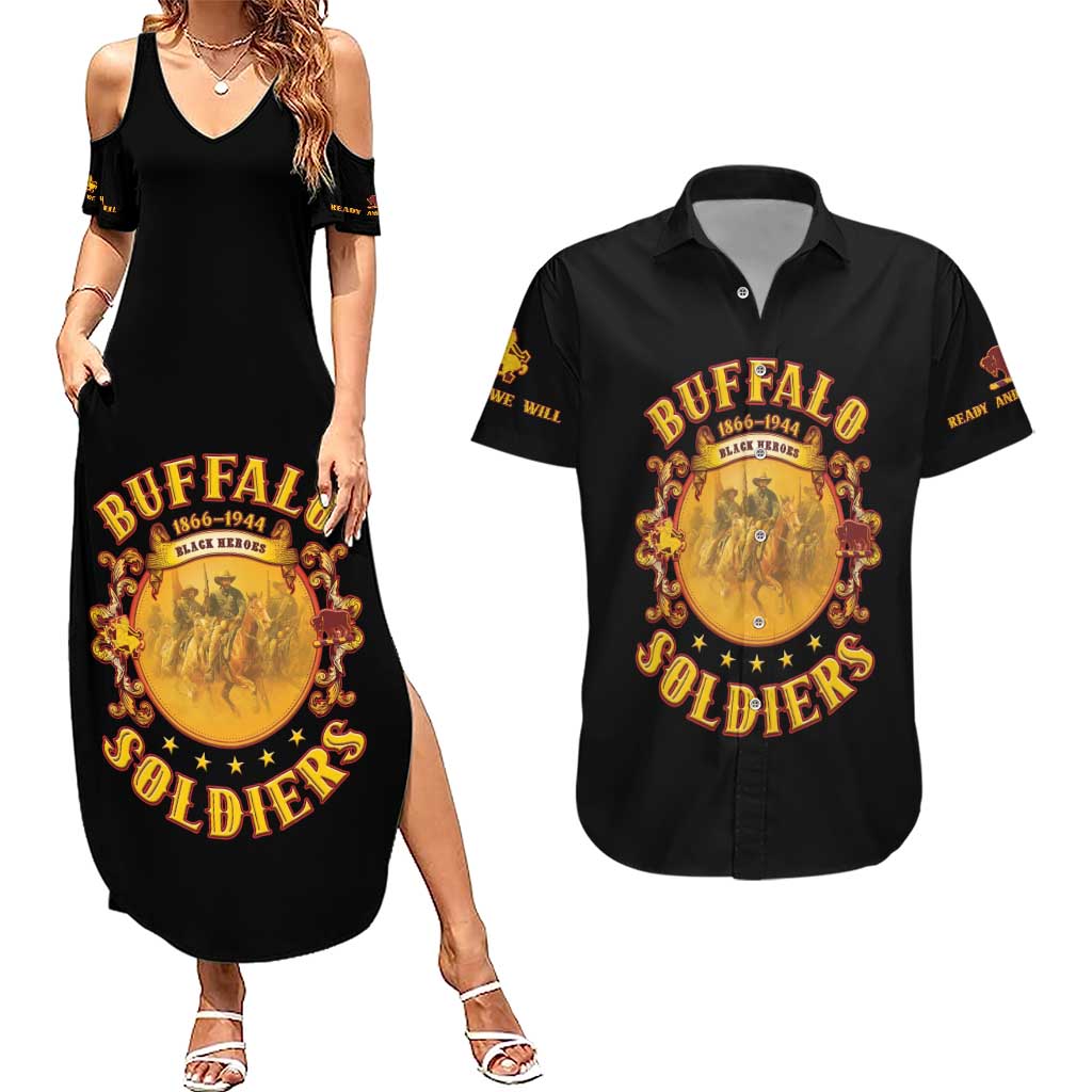 Honor Buffalo Soldiers Couples Matching Summer Maxi Dress and Hawaiian Shirt African American Cavalry Black Version - Wonder Print Shop