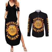 Honor Buffalo Soldiers Couples Matching Summer Maxi Dress and Long Sleeve Button Shirt African American Cavalry Black Version - Wonder Print Shop