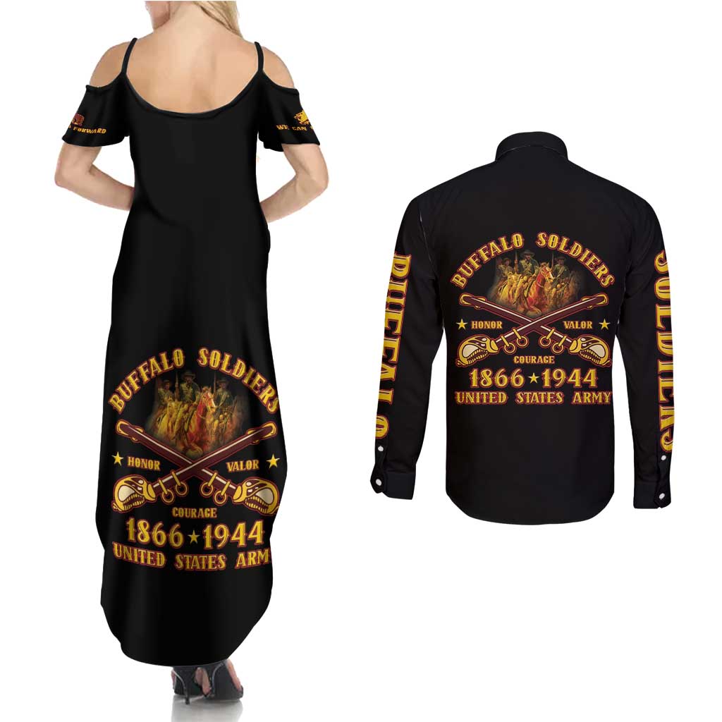 Honor Buffalo Soldiers Couples Matching Summer Maxi Dress and Long Sleeve Button Shirt African American Cavalry Black Version - Wonder Print Shop