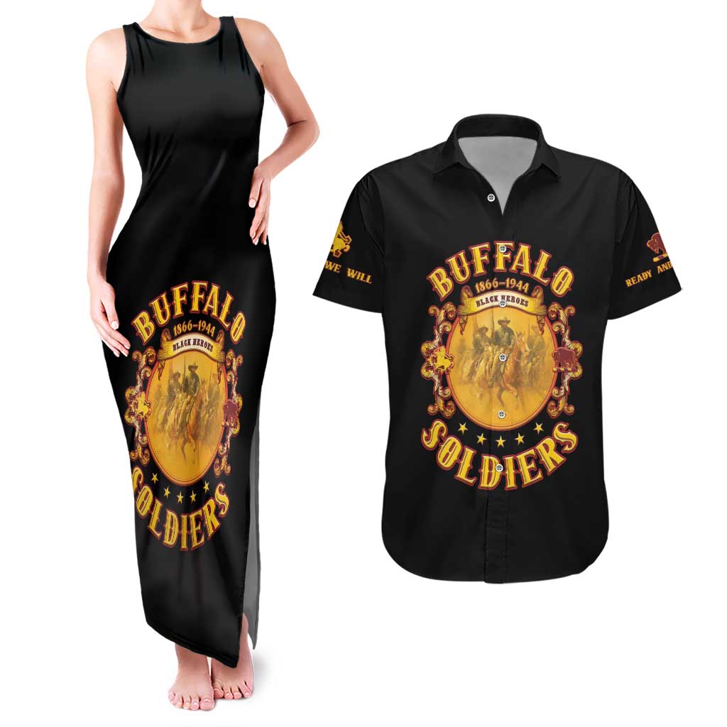 Honor Buffalo Soldiers Couples Matching Tank Maxi Dress and Hawaiian Shirt African American Cavalry Black Version - Wonder Print Shop