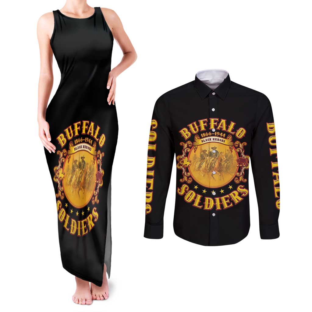 Honor Buffalo Soldiers Couples Matching Tank Maxi Dress and Long Sleeve Button Shirt African American Cavalry Black Version - Wonder Print Shop
