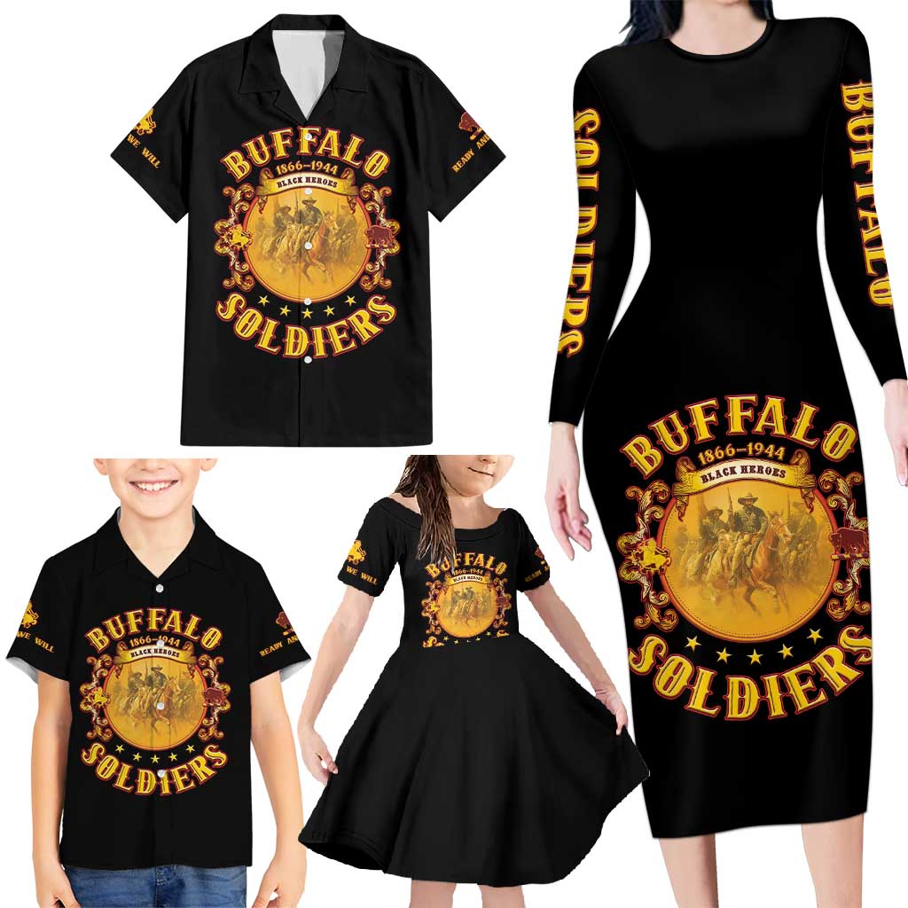 Honor Buffalo Soldiers Family Matching Long Sleeve Bodycon Dress and Hawaiian Shirt African American Cavalry Black Version - Wonder Print Shop