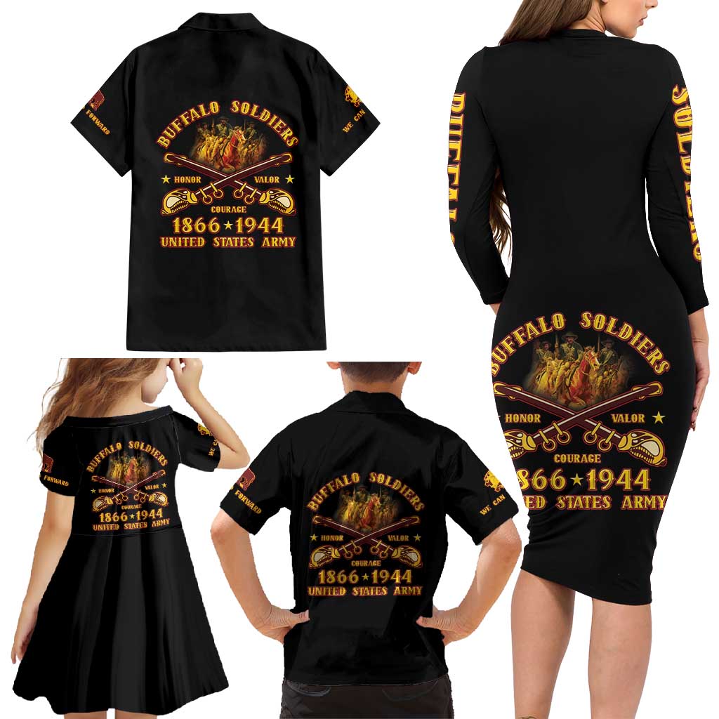 Honor Buffalo Soldiers Family Matching Long Sleeve Bodycon Dress and Hawaiian Shirt African American Cavalry Black Version - Wonder Print Shop