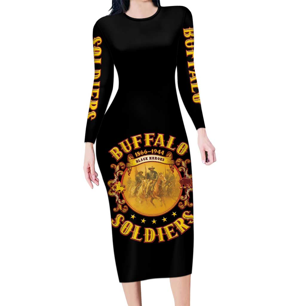 Honor Buffalo Soldiers Family Matching Long Sleeve Bodycon Dress and Hawaiian Shirt African American Cavalry Black Version - Wonder Print Shop