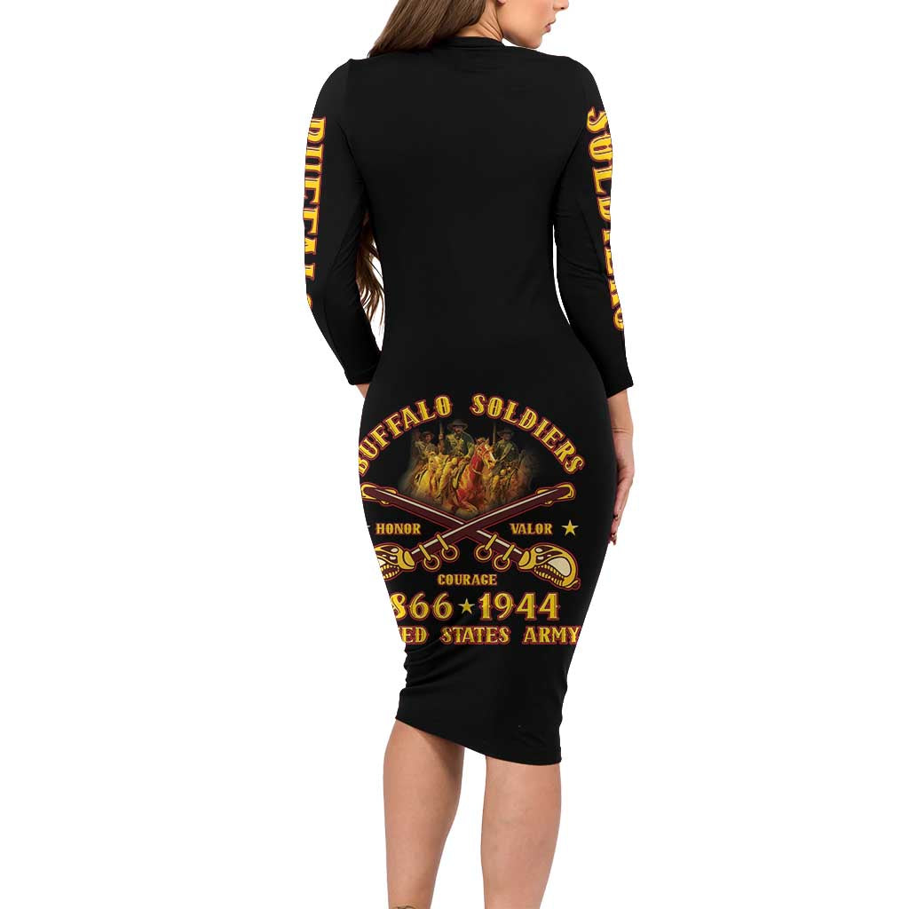 Honor Buffalo Soldiers Family Matching Long Sleeve Bodycon Dress and Hawaiian Shirt African American Cavalry Black Version - Wonder Print Shop