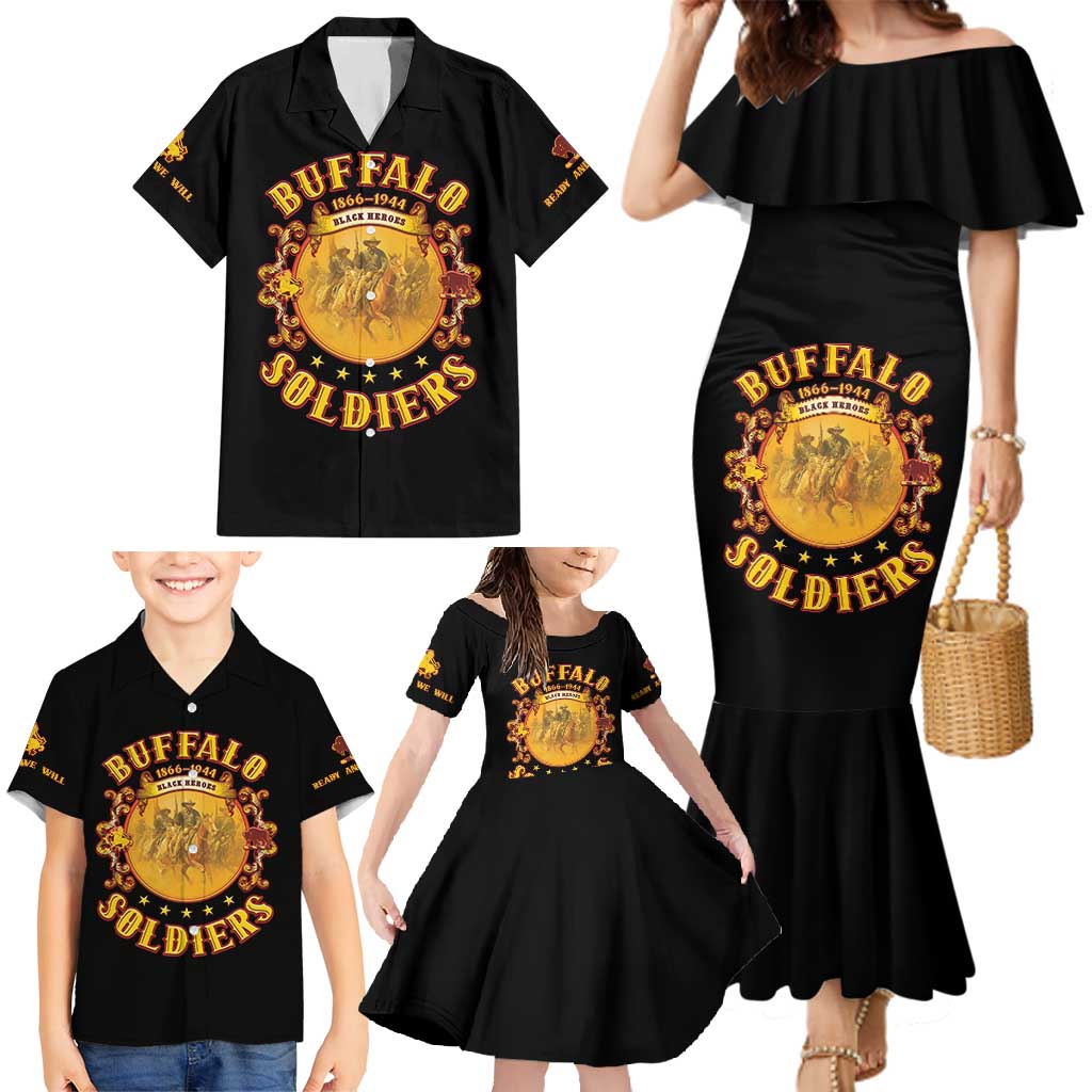 Honor Buffalo Soldiers Family Matching Mermaid Dress and Hawaiian Shirt African American Cavalry Black Version - Wonder Print Shop