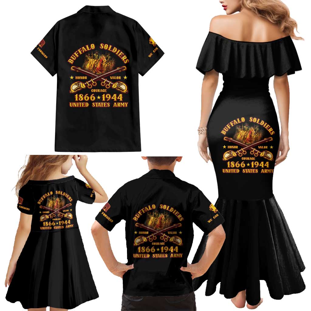 Honor Buffalo Soldiers Family Matching Mermaid Dress and Hawaiian Shirt African American Cavalry Black Version - Wonder Print Shop