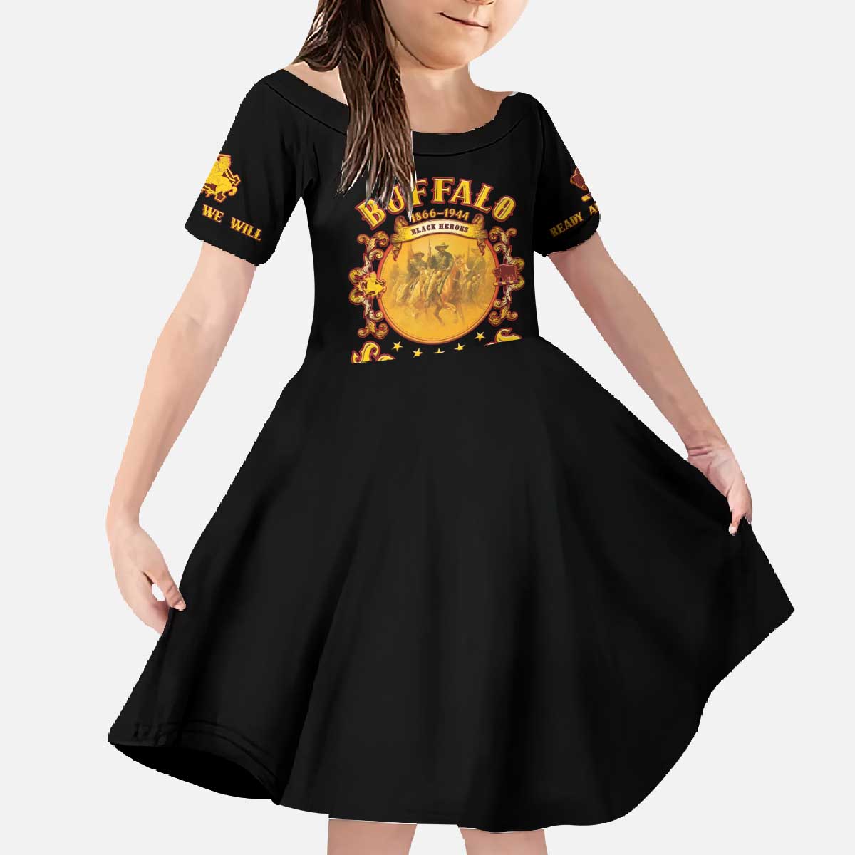 Honor Buffalo Soldiers Family Matching Off The Shoulder Long Sleeve Dress and Hawaiian Shirt African American Cavalry Black Version - Wonder Print Shop
