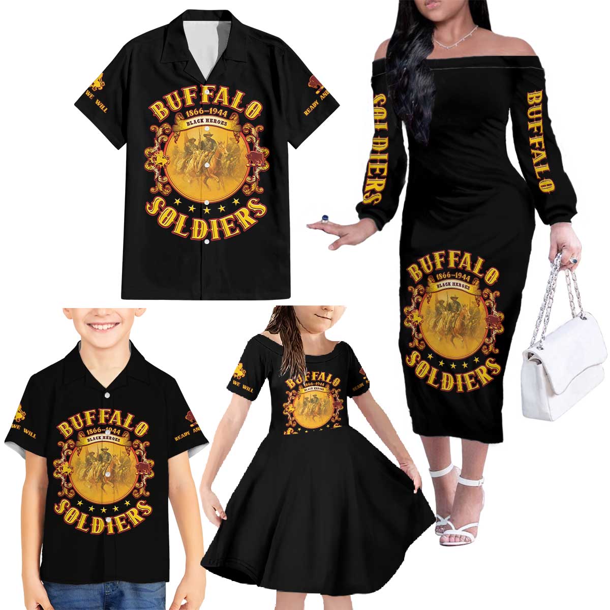 Honor Buffalo Soldiers Family Matching Off The Shoulder Long Sleeve Dress and Hawaiian Shirt African American Cavalry Black Version - Wonder Print Shop