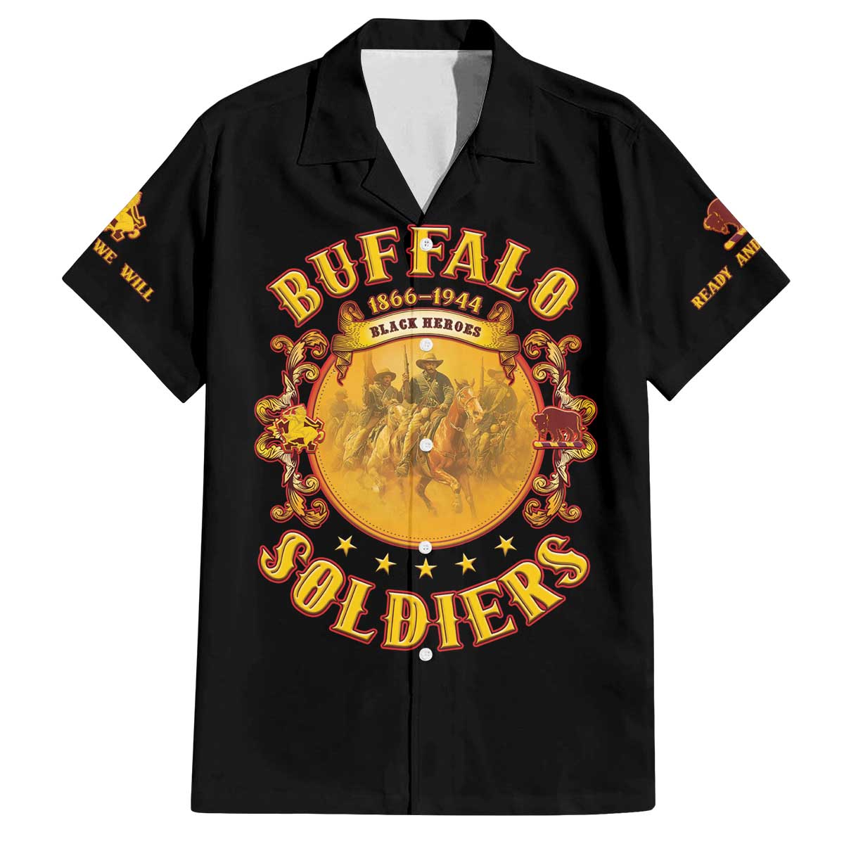 Honor Buffalo Soldiers Family Matching Off The Shoulder Long Sleeve Dress and Hawaiian Shirt African American Cavalry Black Version - Wonder Print Shop
