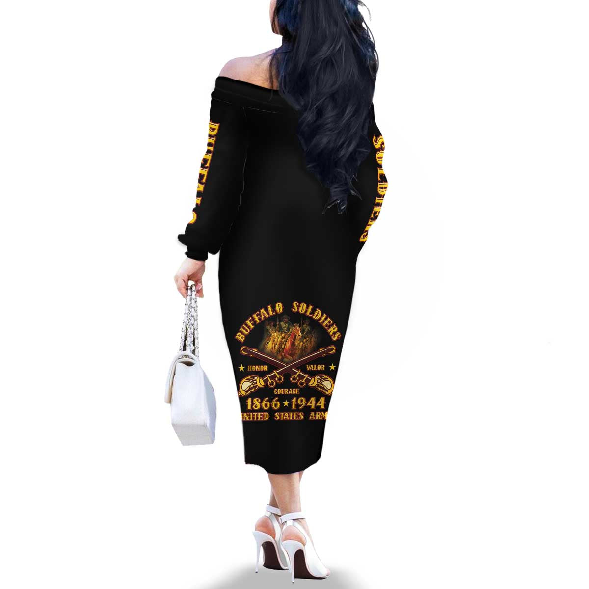 Honor Buffalo Soldiers Family Matching Off The Shoulder Long Sleeve Dress and Hawaiian Shirt African American Cavalry Black Version - Wonder Print Shop