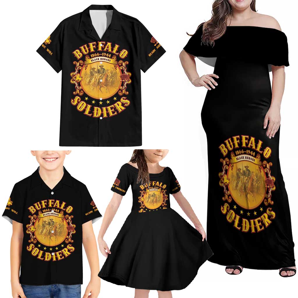 Honor Buffalo Soldiers Family Matching Off Shoulder Maxi Dress and Hawaiian Shirt African American Cavalry Black Version - Wonder Print Shop