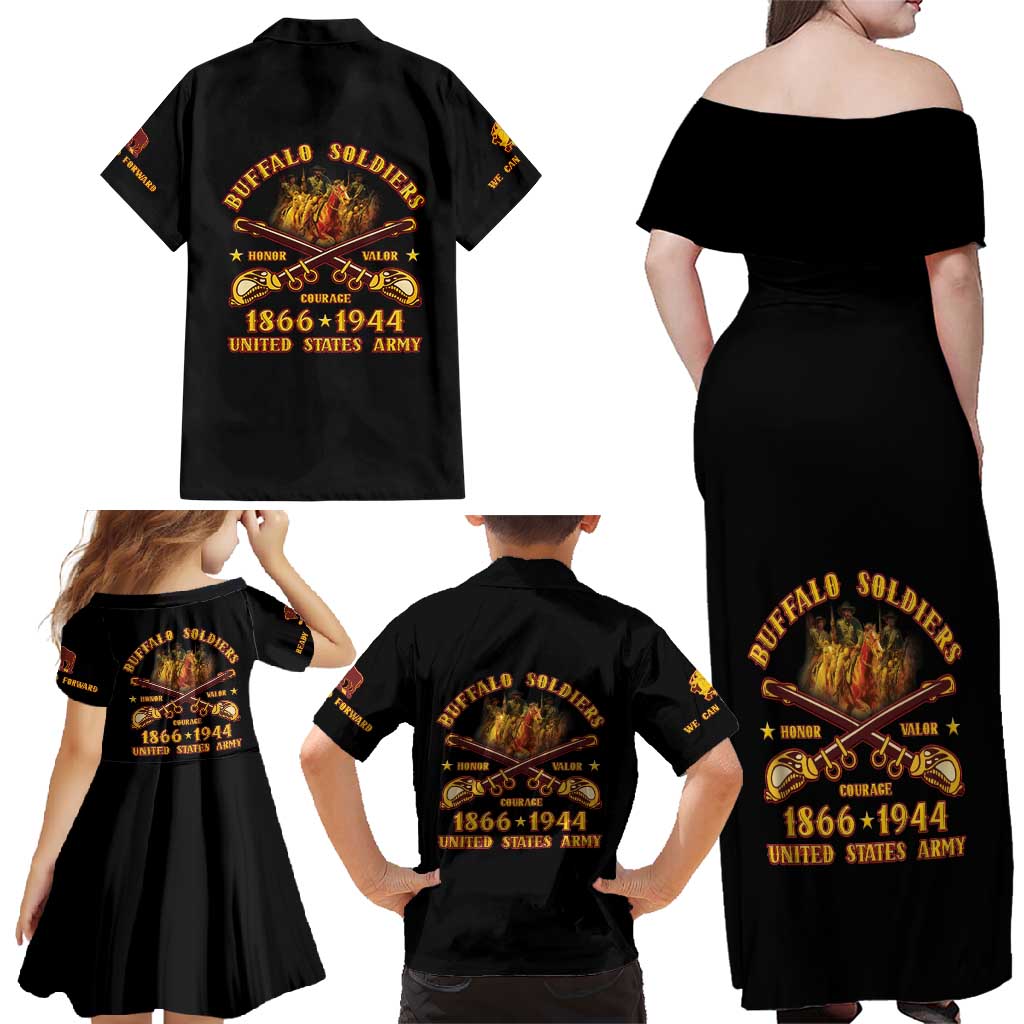 Honor Buffalo Soldiers Family Matching Off Shoulder Maxi Dress and Hawaiian Shirt African American Cavalry Black Version - Wonder Print Shop