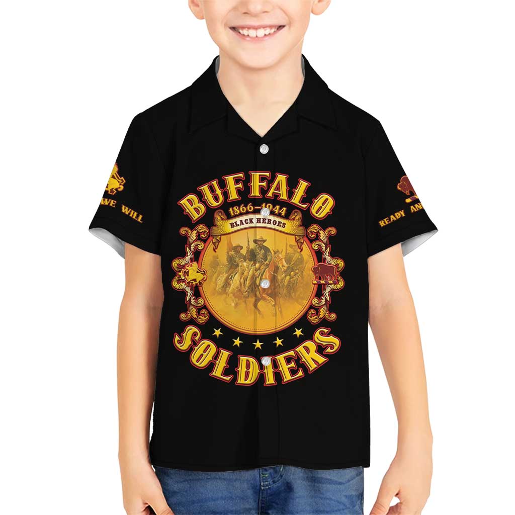 Honor Buffalo Soldiers Family Matching Off Shoulder Maxi Dress and Hawaiian Shirt African American Cavalry Black Version - Wonder Print Shop