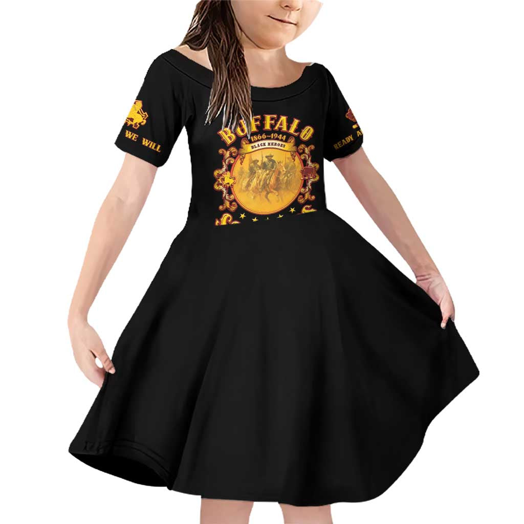 Honor Buffalo Soldiers Family Matching Off Shoulder Short Dress and Hawaiian Shirt African American Cavalry Black Version - Wonder Print Shop