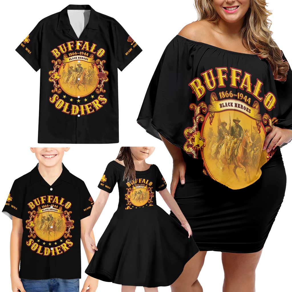 Honor Buffalo Soldiers Family Matching Off Shoulder Short Dress and Hawaiian Shirt African American Cavalry Black Version - Wonder Print Shop