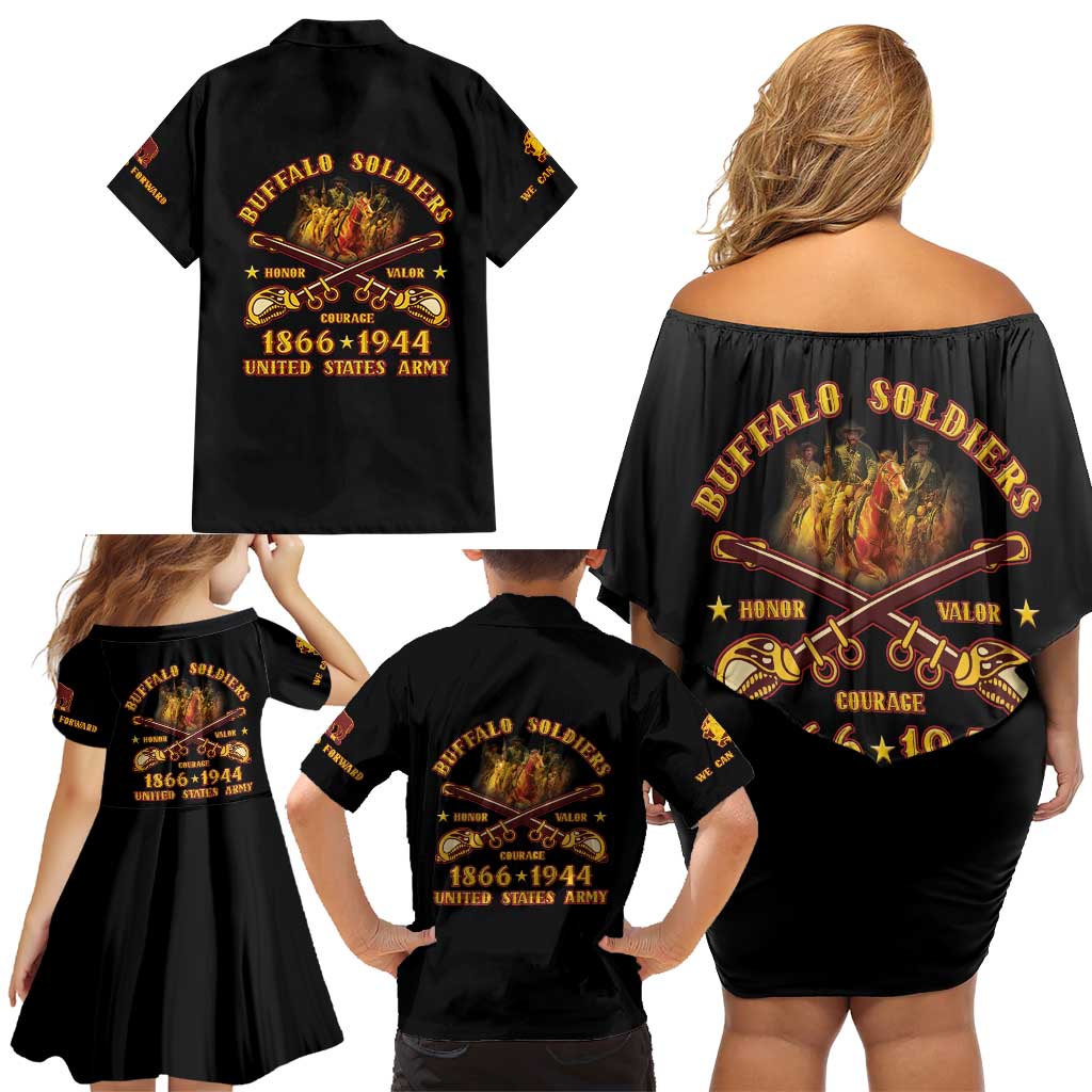 Honor Buffalo Soldiers Family Matching Off Shoulder Short Dress and Hawaiian Shirt African American Cavalry Black Version - Wonder Print Shop