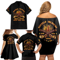 Honor Buffalo Soldiers Family Matching Off Shoulder Short Dress and Hawaiian Shirt African American Cavalry Black Version - Wonder Print Shop
