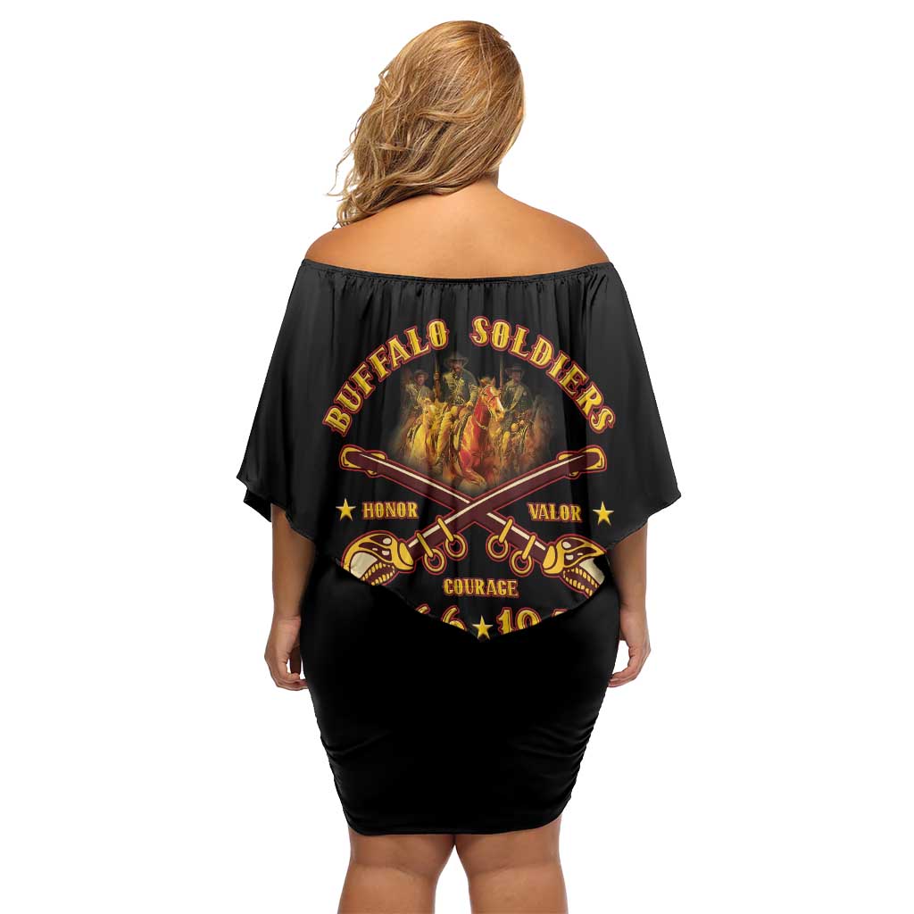 Honor Buffalo Soldiers Family Matching Off Shoulder Short Dress and Hawaiian Shirt African American Cavalry Black Version - Wonder Print Shop